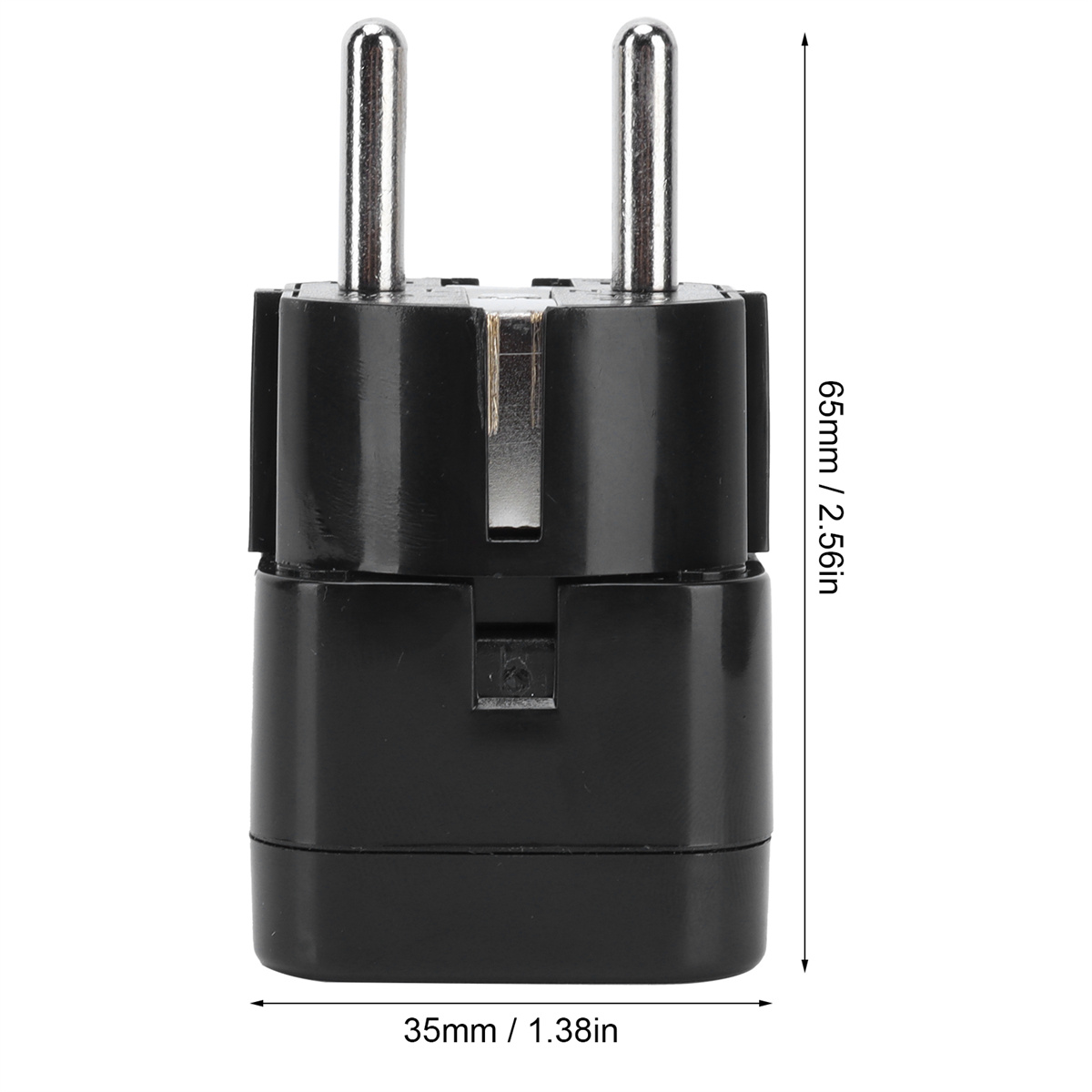Schwarzer Stecker mit zwei silbernen Stiften. Abmessungen sind 65 mm x 35 mm.