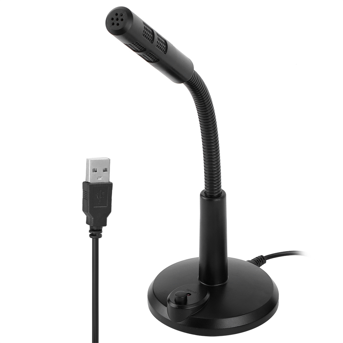 Ein schwarzes USB-Mikrofon mit flexiblem Hals, auf runder Basis, mit Ein/Aus-Schalter.