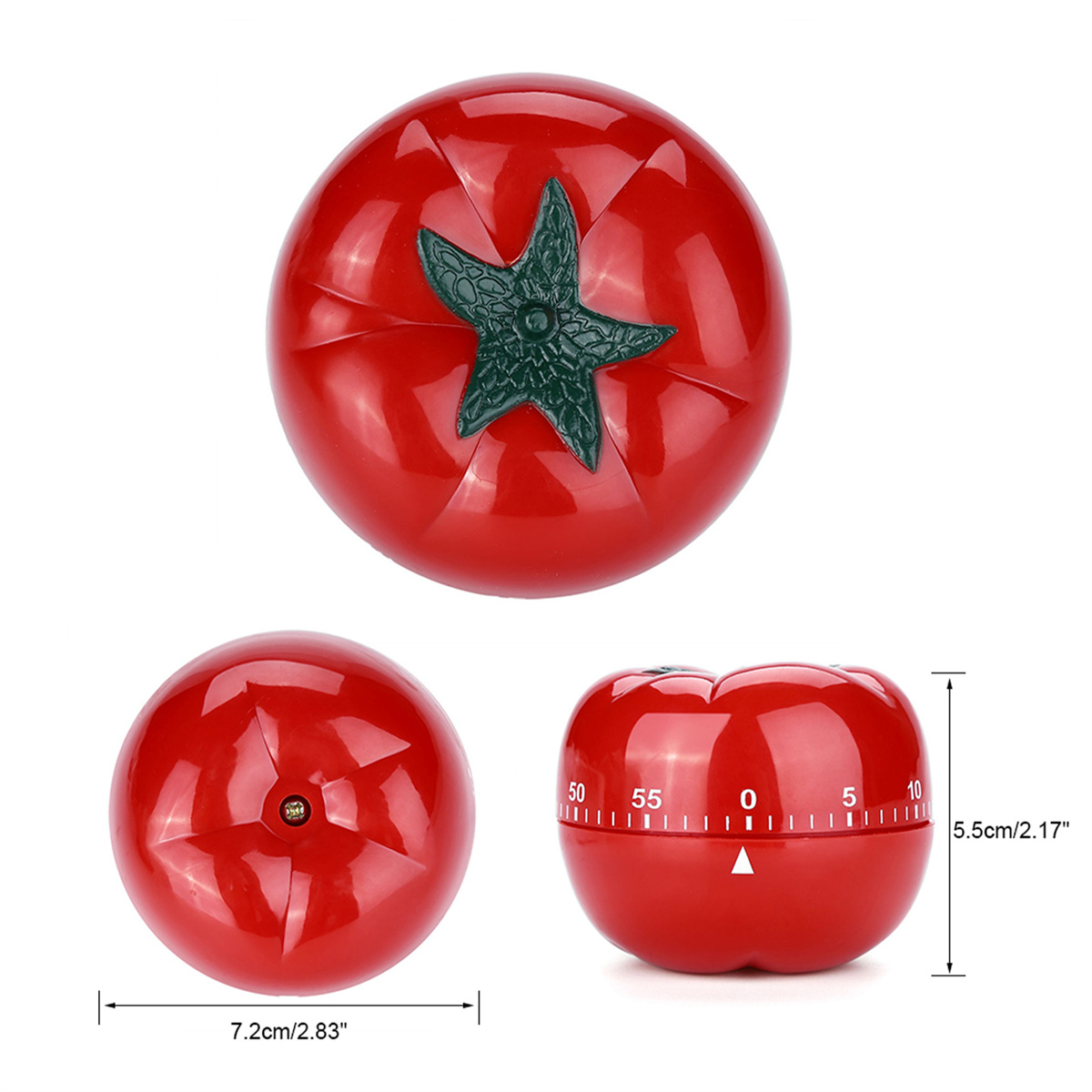 Roter tomatenförmiger Timer. Zeigt Ansichten von oben, der Seite und der Vorderseite.