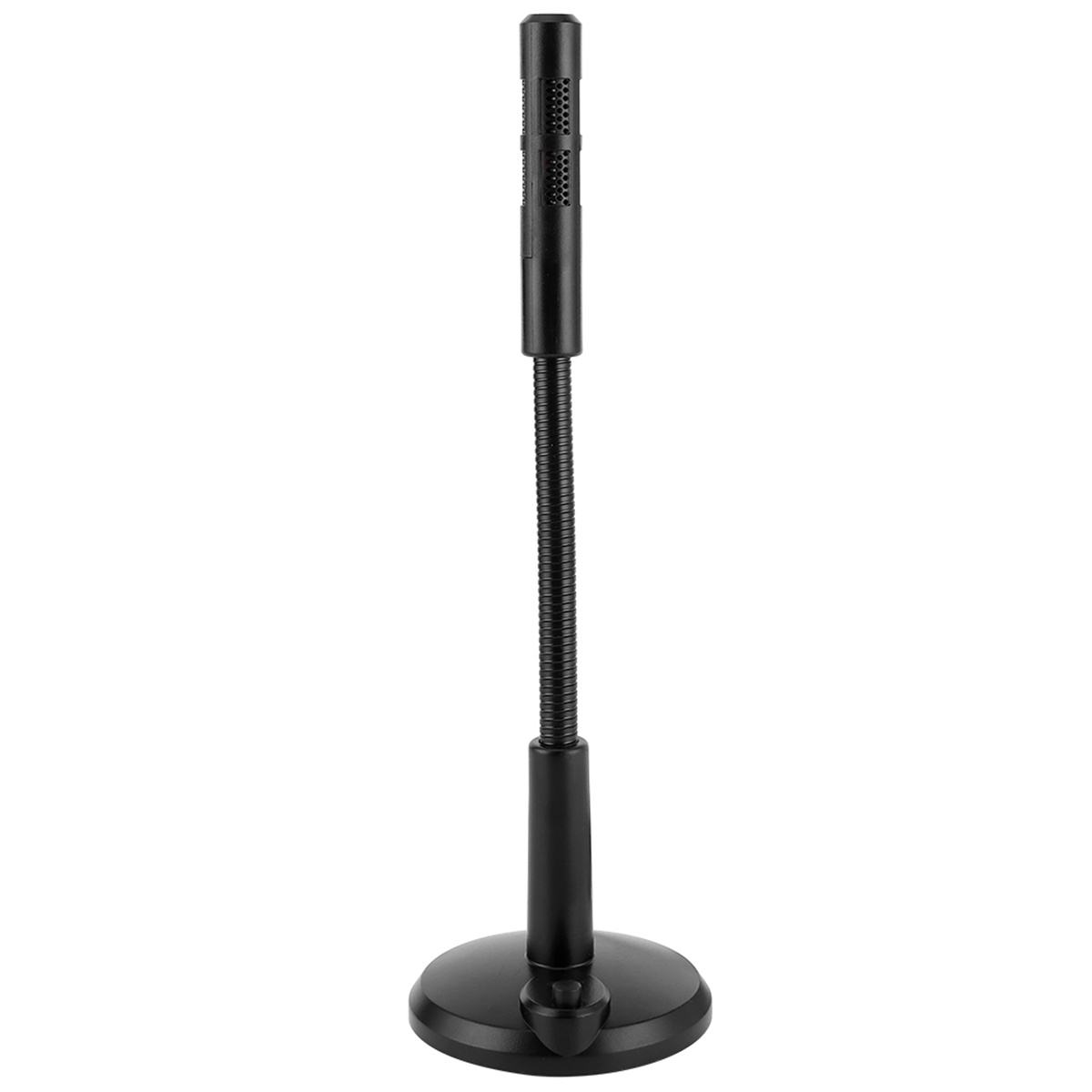 Schwarzes Mikrofon auf einem Ständer, einfaches Design, flexibler Hals.