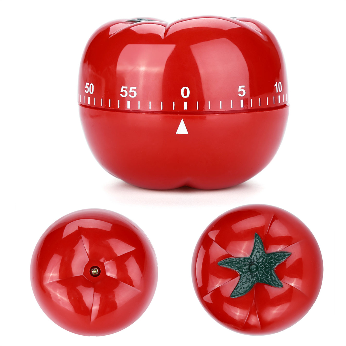 Roter tomatenförmiger Küchentimer, mit Draufsicht und Unteransicht.