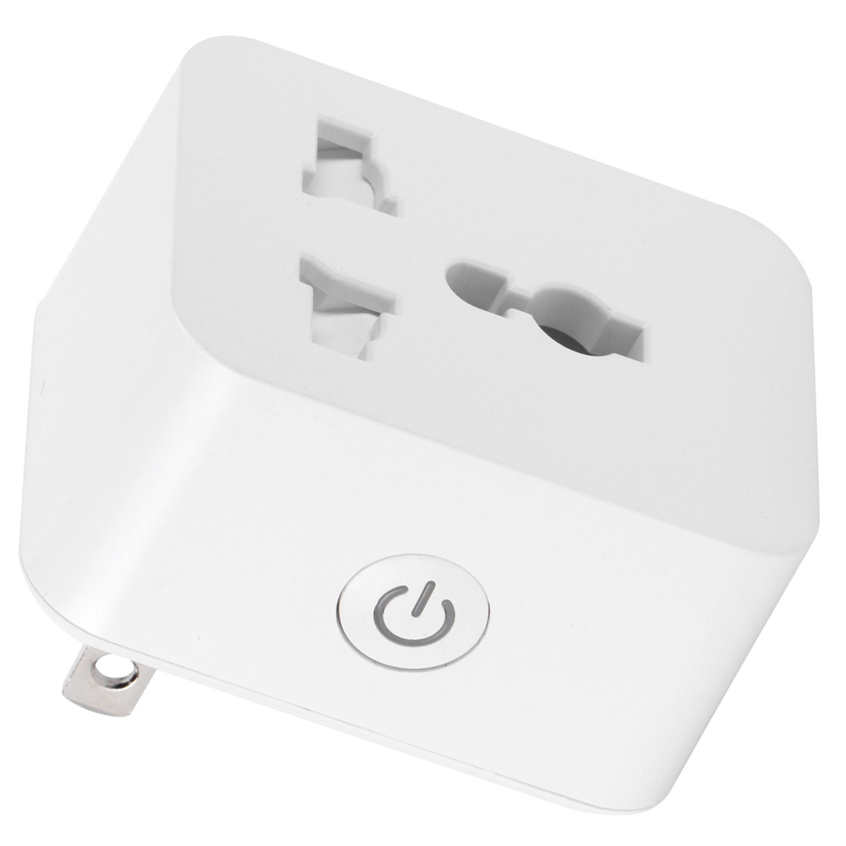 Weißer Netzadapter mit Ein-/Aus-Taste. Hat Dreipol-Steckdosen.
