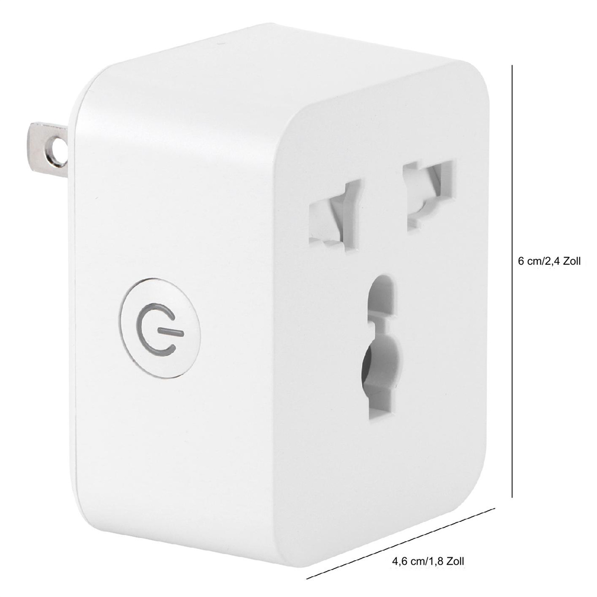Ein weißer Steckeradapter mit einem Netzschalter. Die Abmessungen sind 6 cm und 4,6 cm.