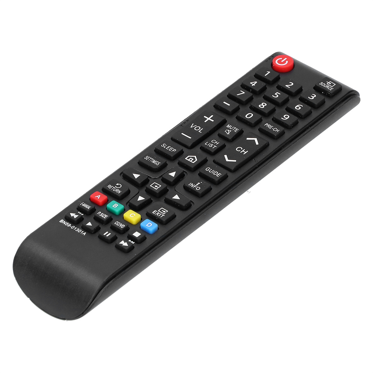 Schwarze TV-Fernbedienung mit mehreren Tasten. Die Ein-/Aus-Taste ist rot. Zahlen, Lautstärke, Kanal- und Einstellungen-Tasten sind vorhanden.