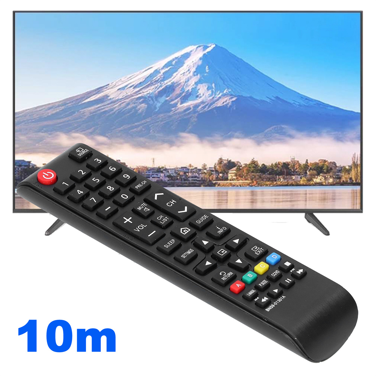 Eine Fernbedienung im Vordergrund mit einem Fernseher und einer Bergkette im Hintergrund. Das Wort ist 10m.