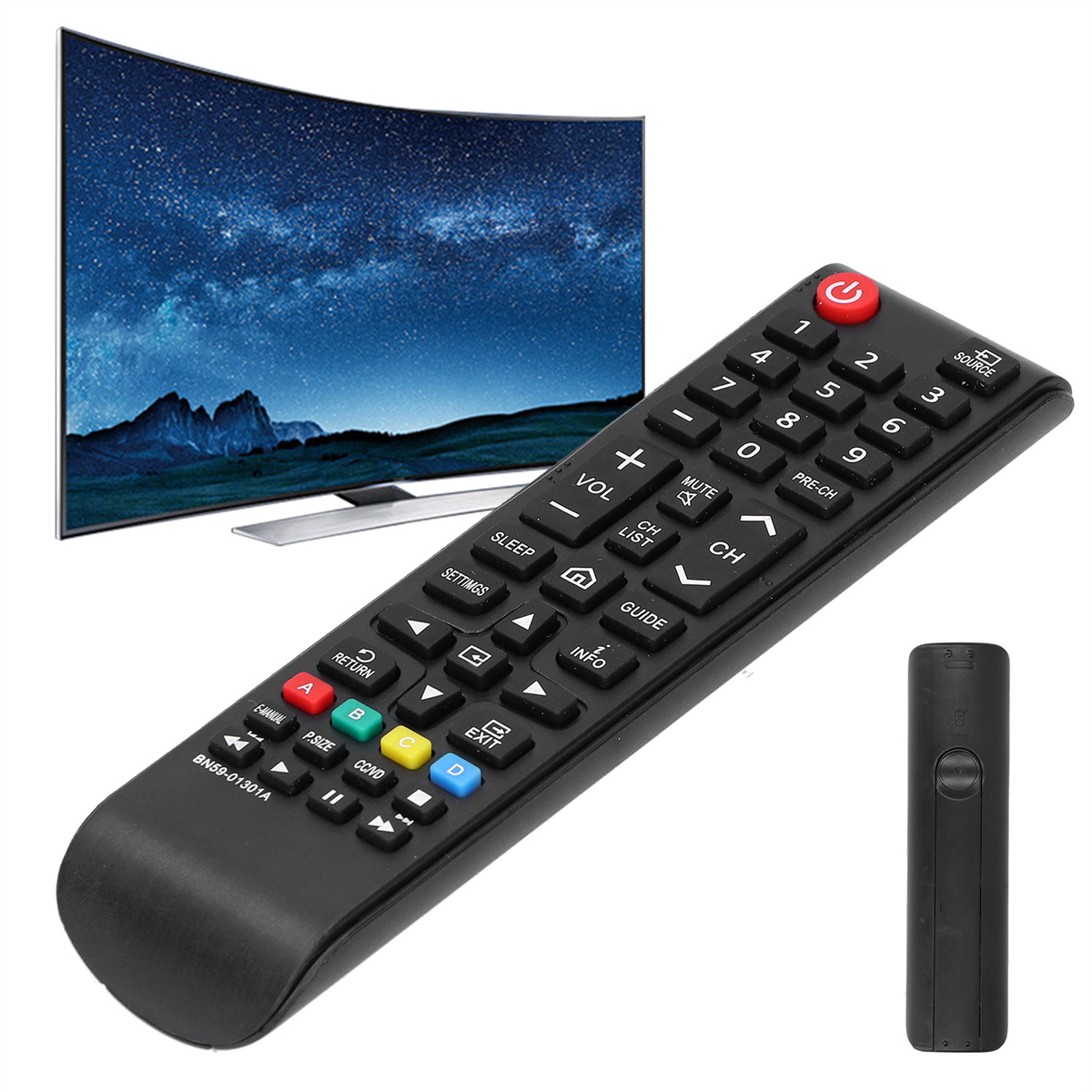 Schwarze TV-Fernbedienung mit vielen Tasten, einem gebogenen TV-Bildschirm und einer zweiten Fernbedienung.