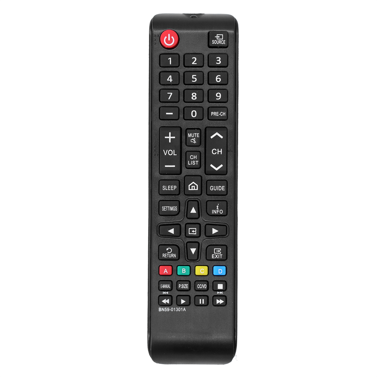 Eine schwarze TV-Fernbedienung mit vielen Tasten, auf weißem Hintergrund.