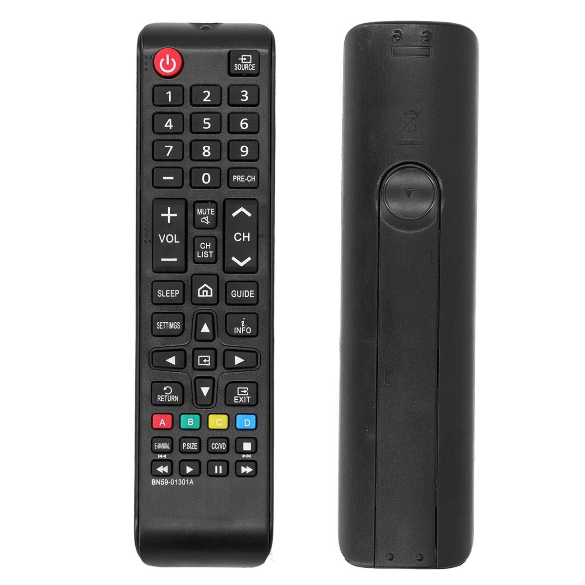 Schwarze TV-Fernbedienung, Vorder- und Rückansicht, mit Knöpfen.