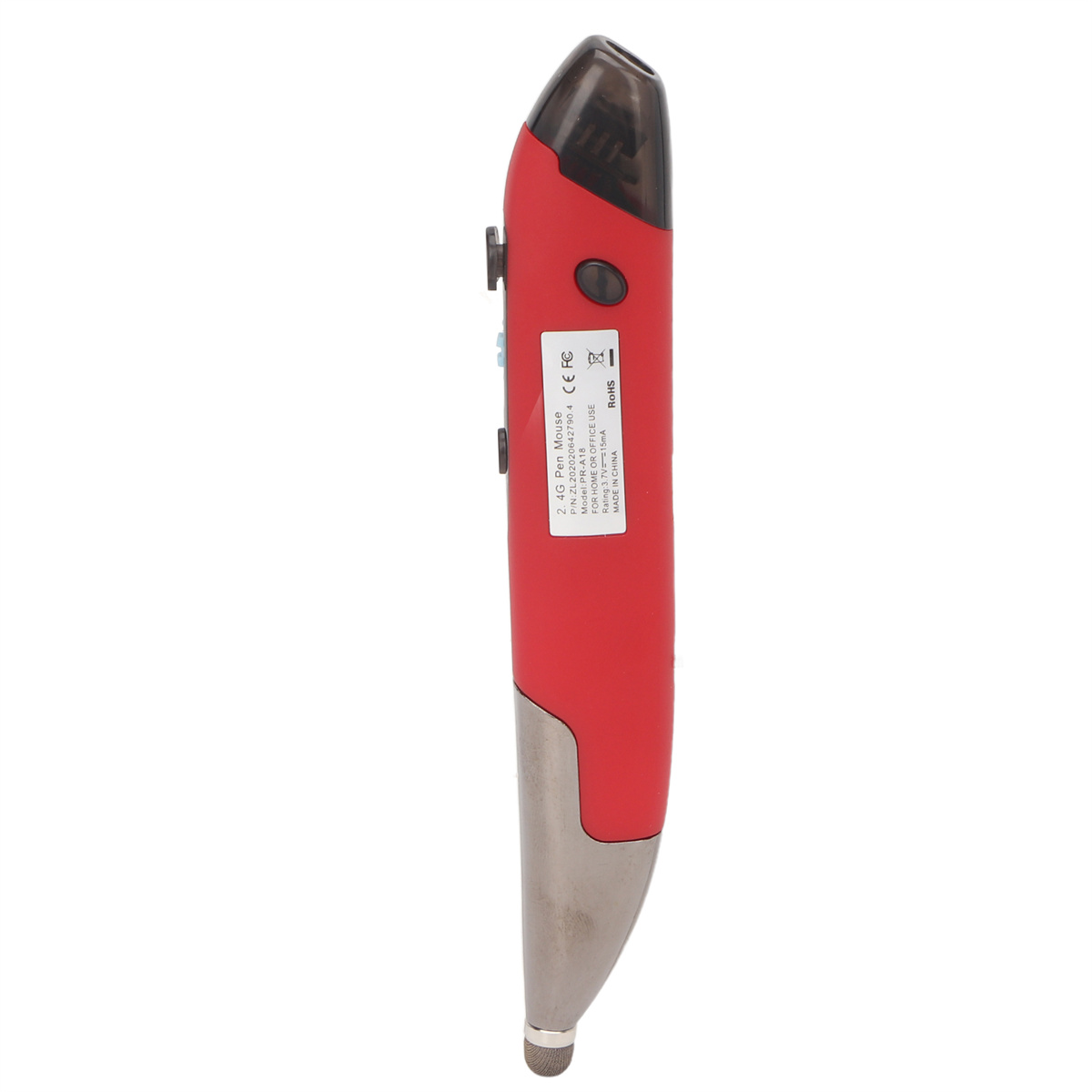 Roter Stiftmaus mit Tasten. Es ist rot und silber. Es ist auf weißem Hintergrund. Der Stift ist dünn und lang.