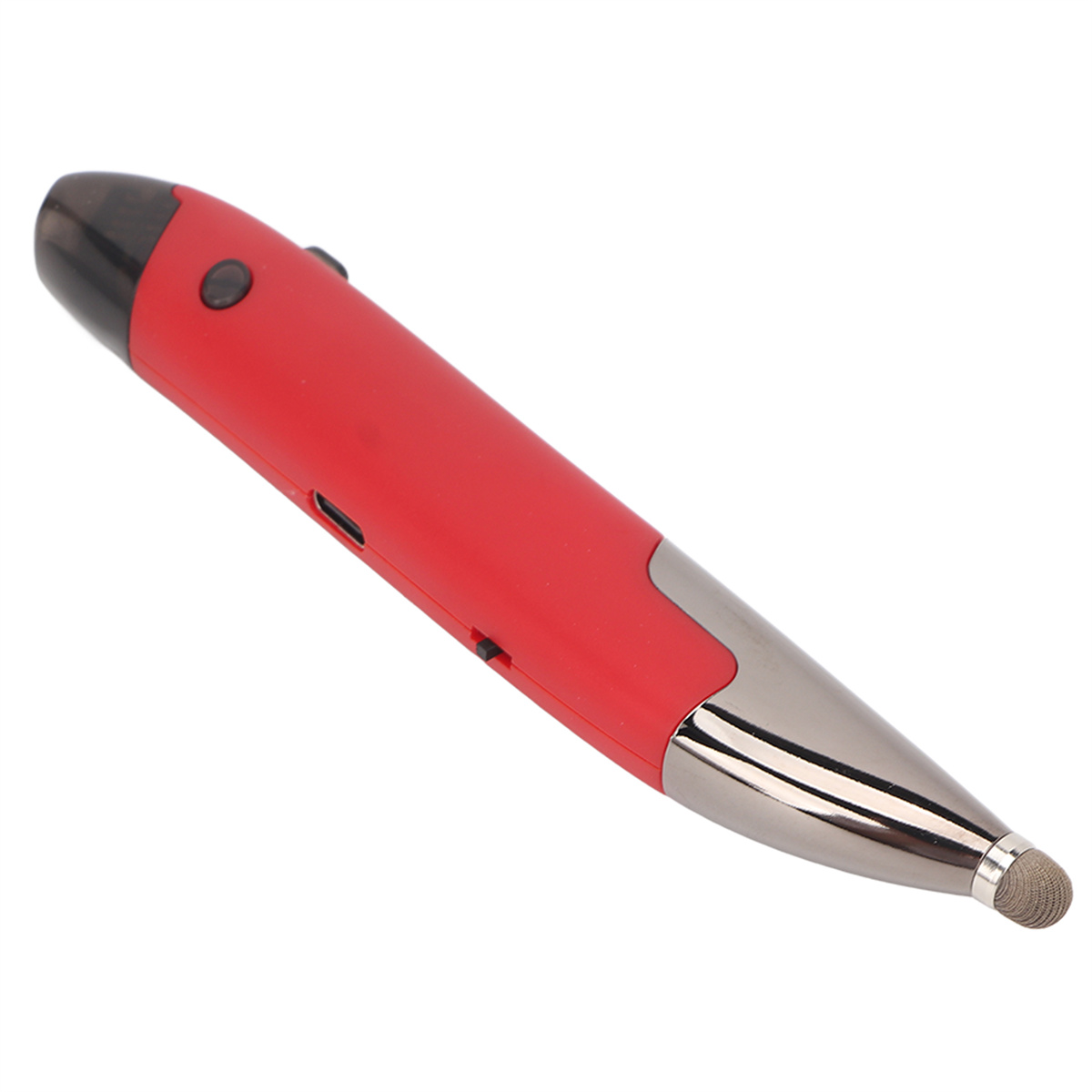 Roter Stift mit schwarzem Kopf und silberner Spitze, auf weißem Hintergrund.