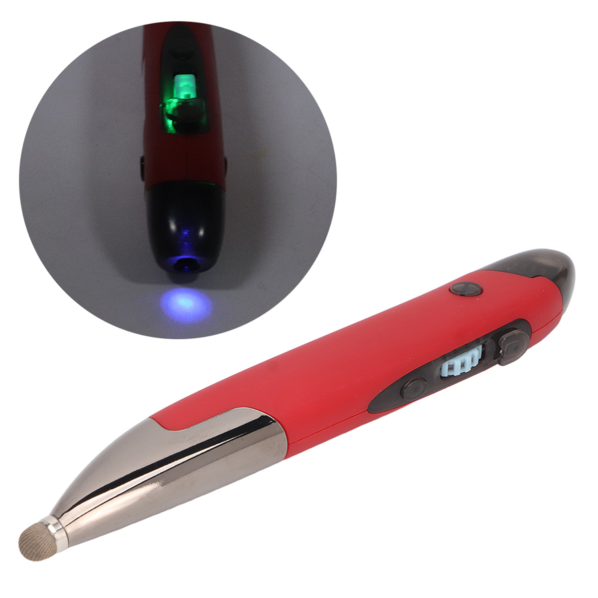 Roter Stift mit Metallspitze und Knopf. Nahaufnahme zeigt grünes und blaues Licht.