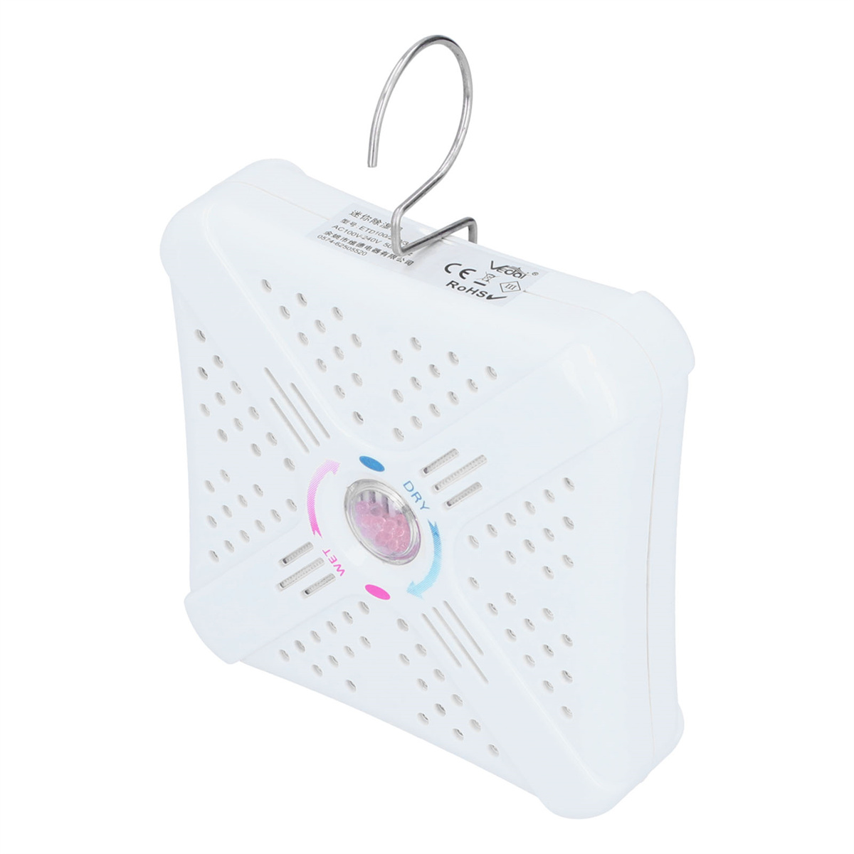 Weißer Luftentfeuchter mit silbernem Griff. Es hat Löcher und eine transparente Mitte mit Pink und Blau.