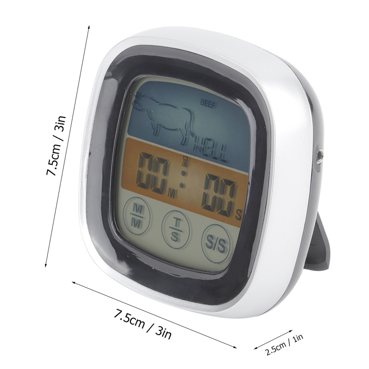 Digitaler Küchentimer mit Messungen, einem Kuhsymbol und Tasten für Minuten und Sekunden.