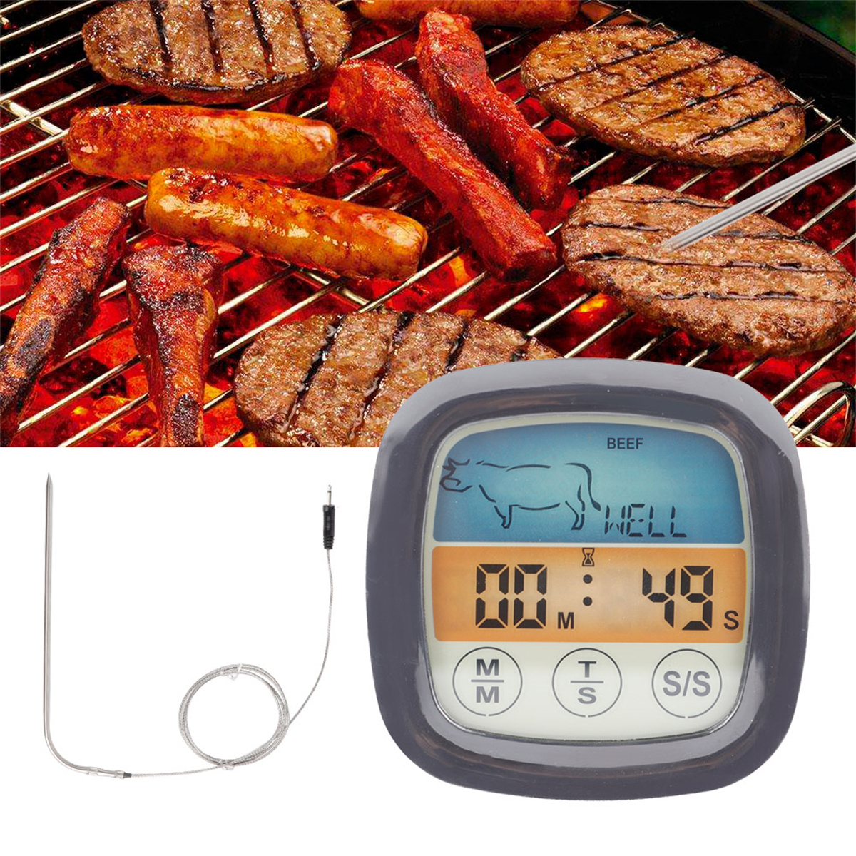 Digitales Fleischthermometer und gegrilltes Essen auf einem Grill. Das Thermometer liest die Temperatur.