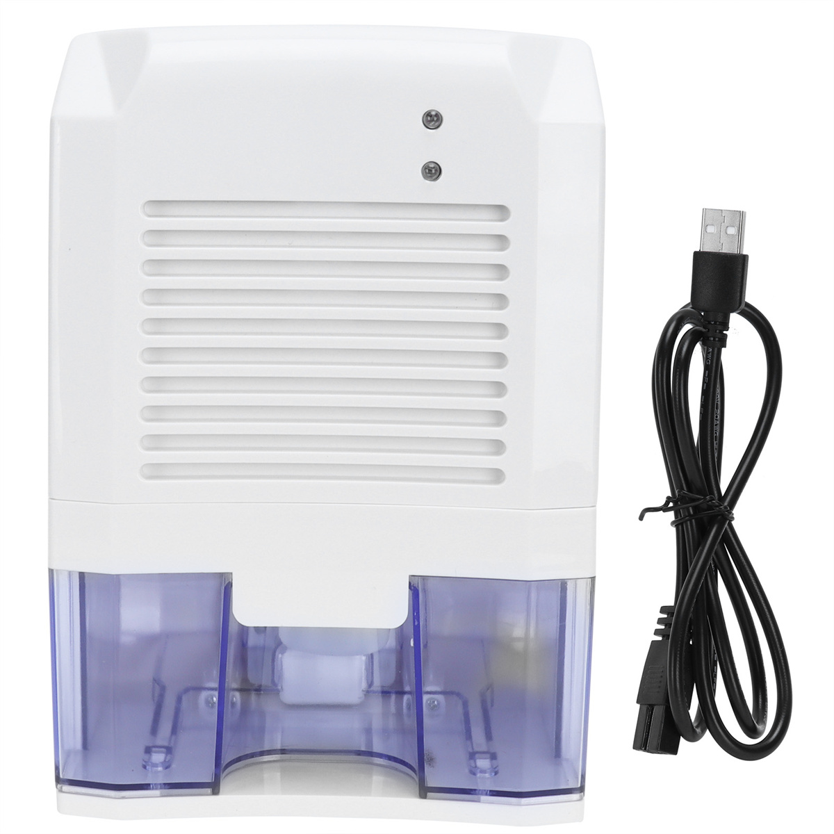 Weißer Luftentfeuchter mit blauen Wasserfächern und einem schwarzen USB-Kabel.