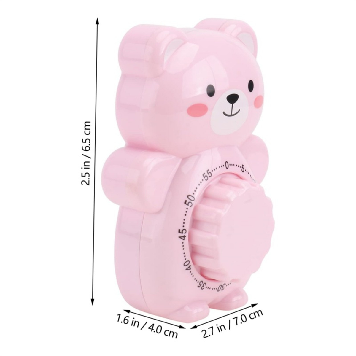 Rosa bärenförmiger Timer mit Drehknopf, Abmessungen: 2,5 Zoll Höhe, 1,6 Zoll Breite.