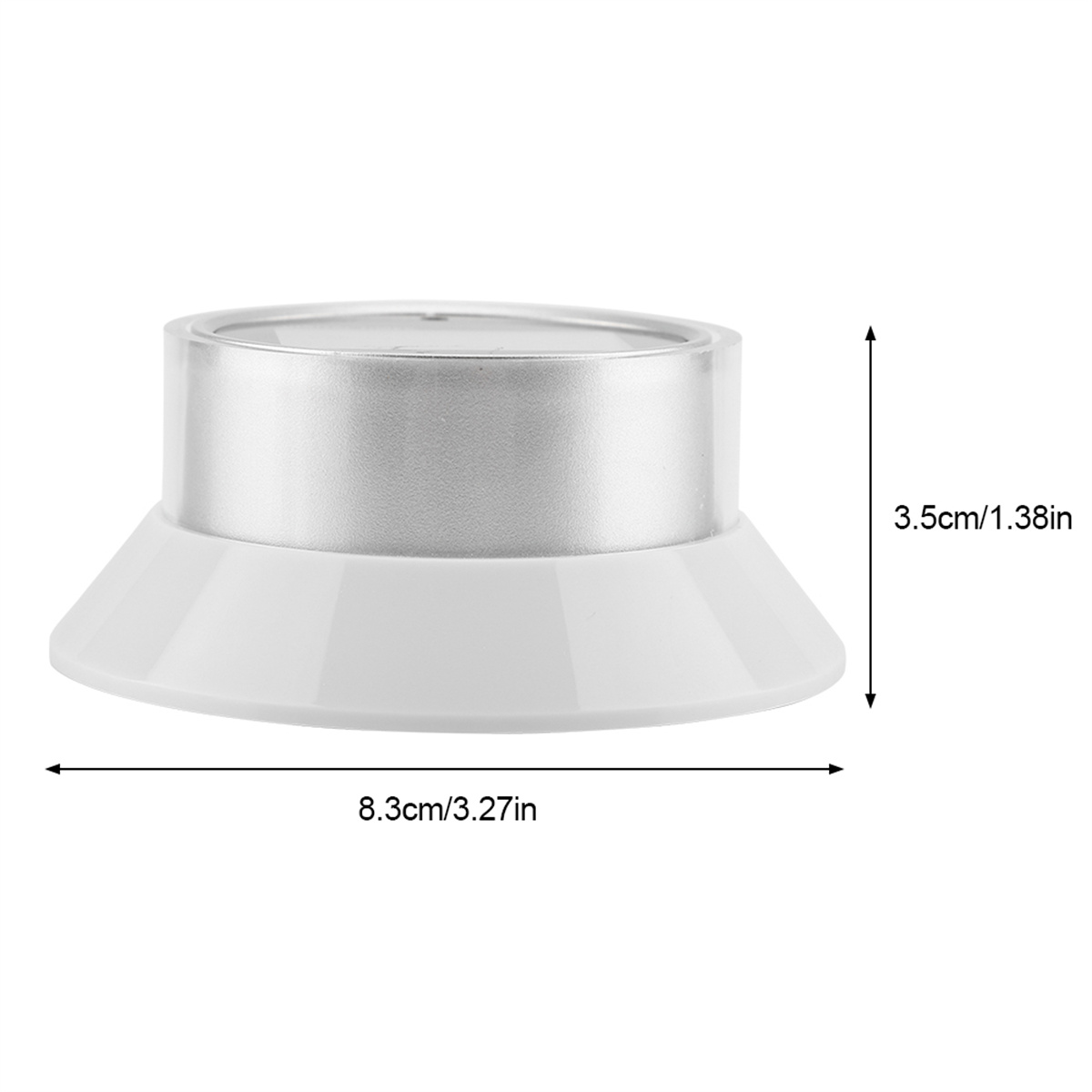Ein weißer Sockel mit silberner Oberseite. Abmessungen sind 8,3 cm x 3,5 cm.