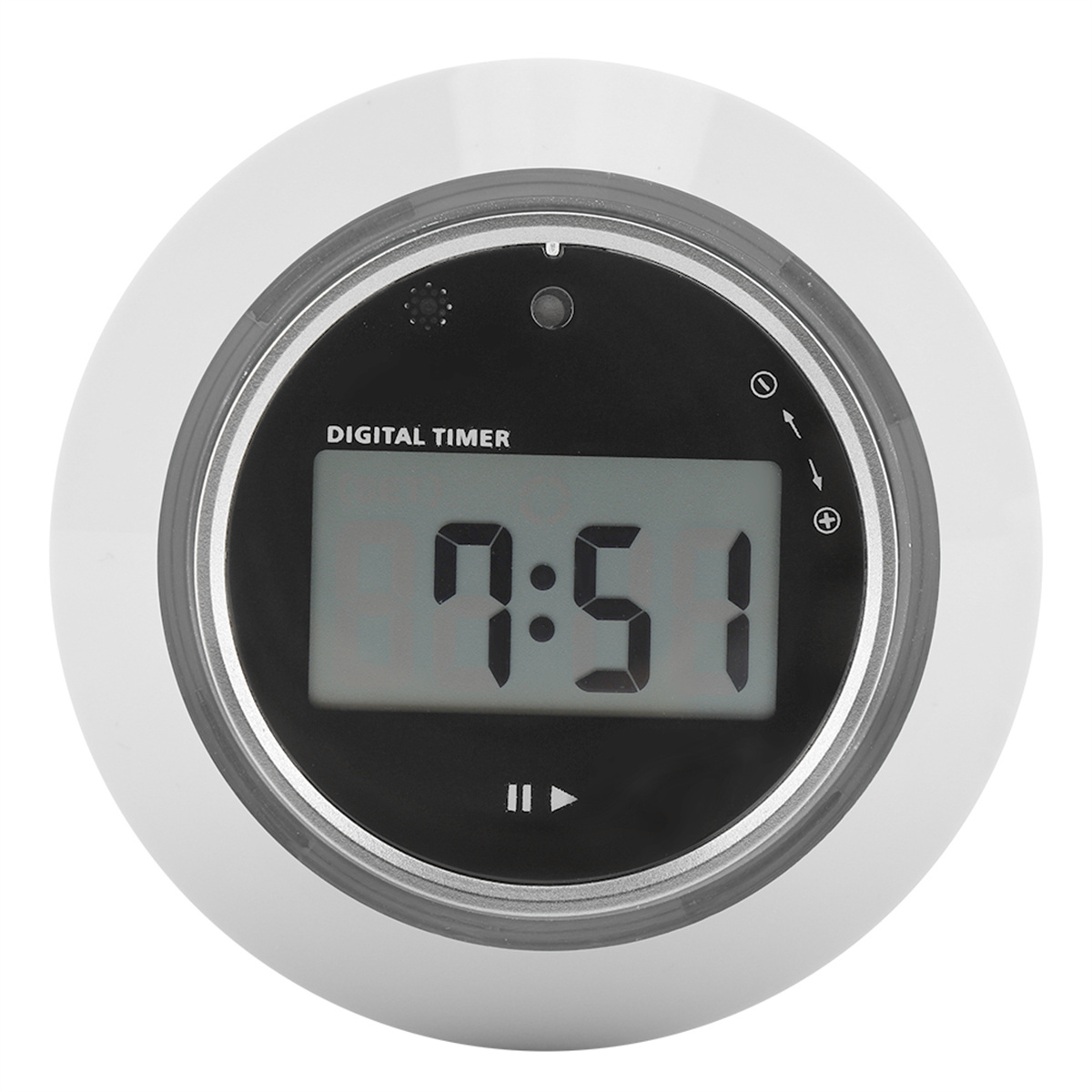Digitaler Timer mit Anzeige 7:51. Der Timer ist weiß mit schwarzem Display.