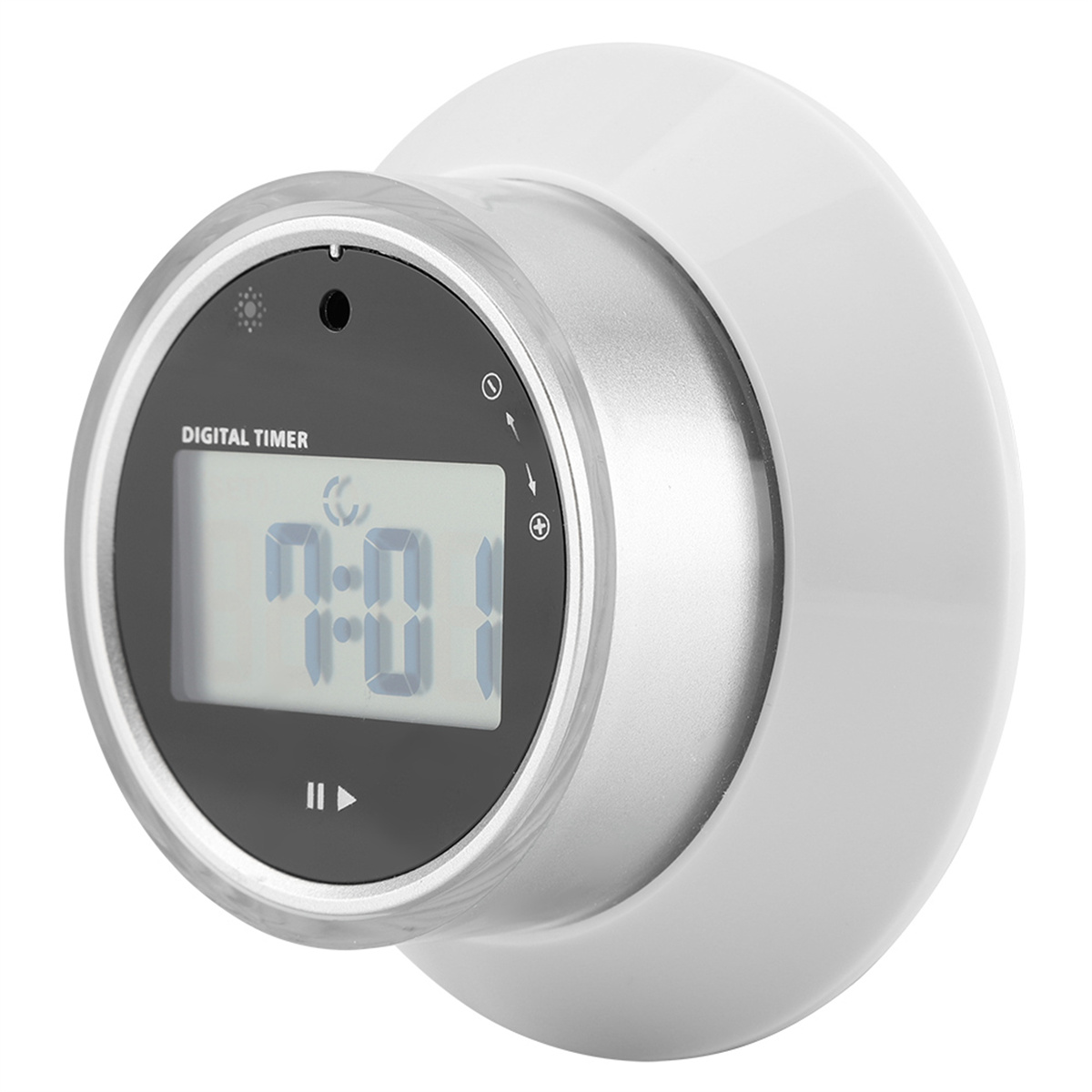Ein digitaler Timer mit weißem Gehäuse. Er zeigt 7:01 an und hat Steuertasten.