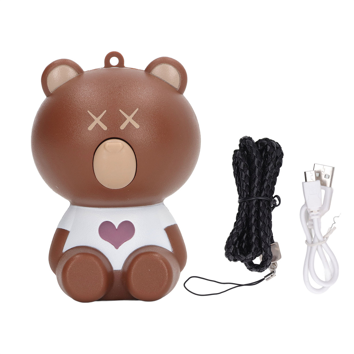 Braunbärenförmiges Gerät mit weißem Hemd und Herz. Ein schwarzes Kabel und ein Ladekabel sind sichtbar.