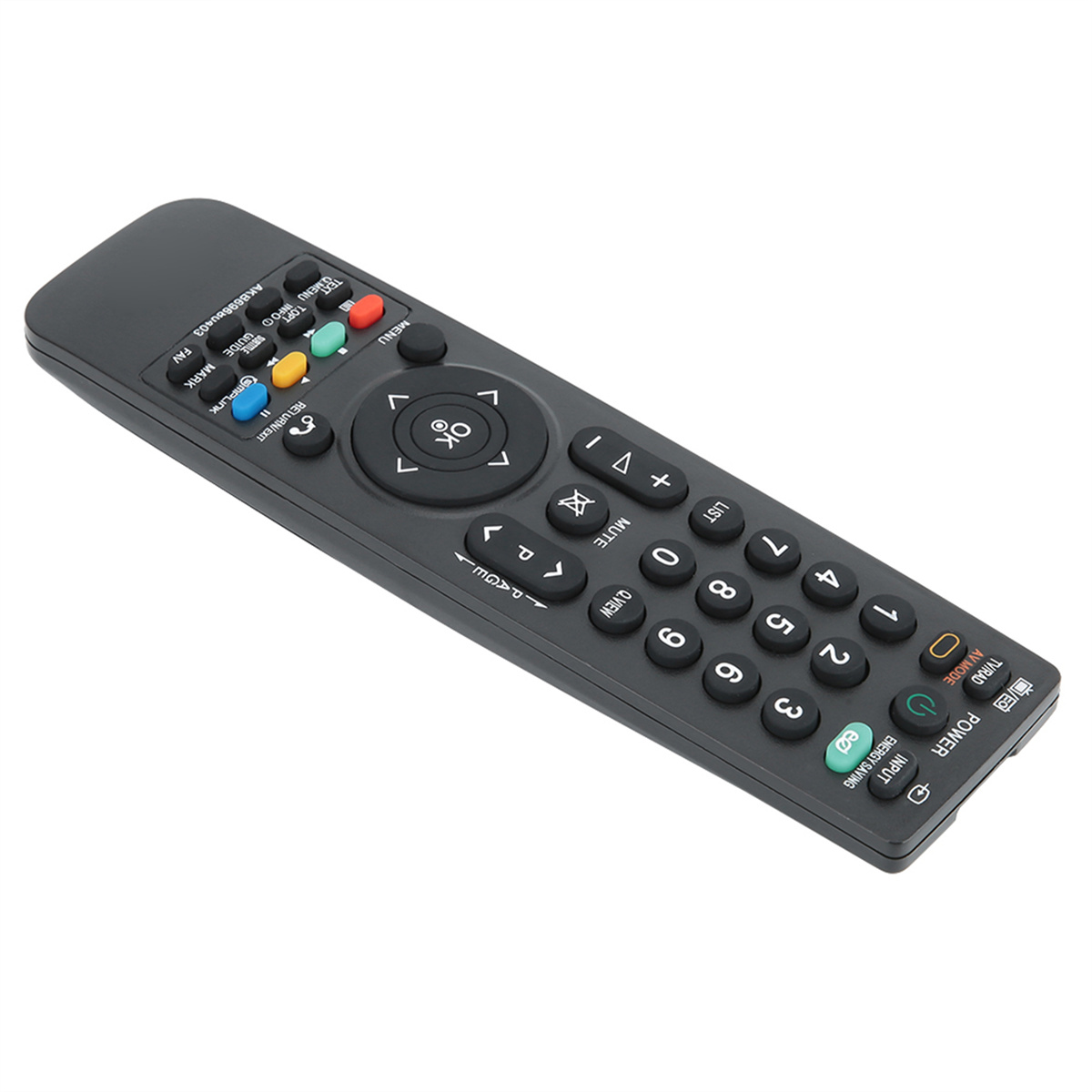 Schwarze TV-Fernbedienung mit verschiedenen Tasten auf weißer Oberfläche.