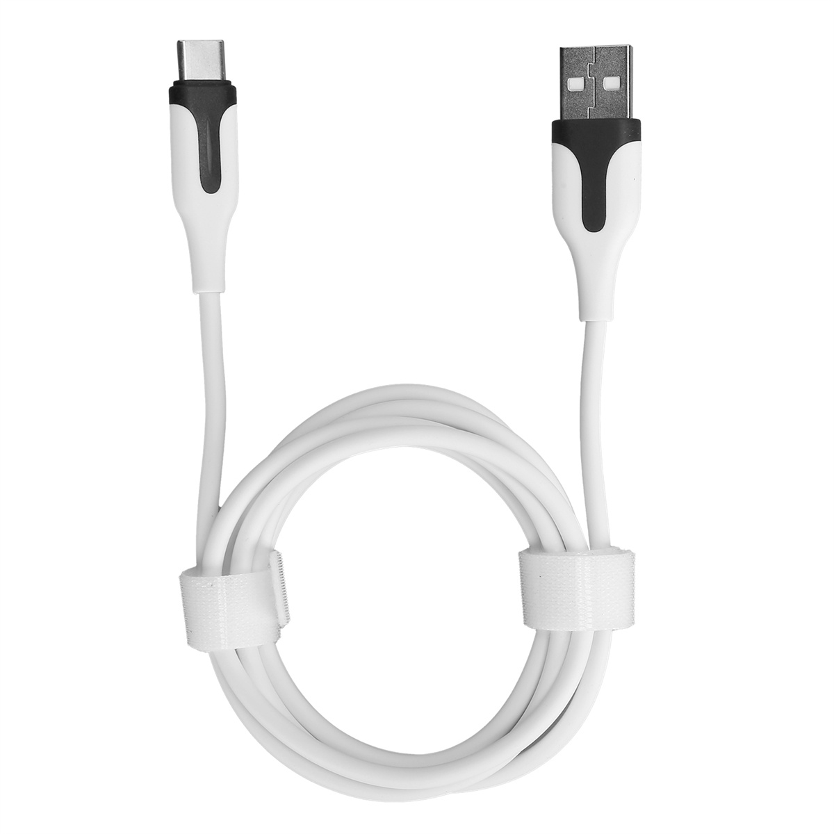 Ein weißes USB-Kabel mit zwei verschiedenen Enden. Eines ist USB-A, das andere USB-C. Hat einen Klettverschluss.