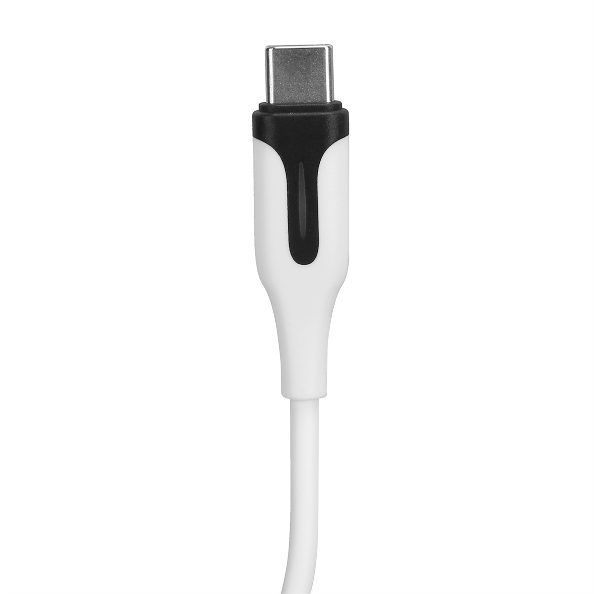 Ein weißes USB-C-Kabel mit einem schwarz-weißen Stecker vor weißem Hintergrund.