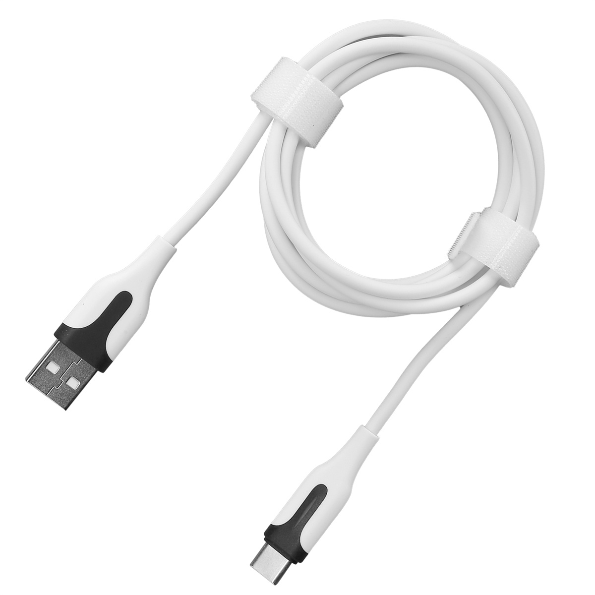 Ein weißes USB-zu-USB-C-Kabel, aufgerollt und mit Klettbändern gesichert. Die Anschlüsse sind sichtbar.