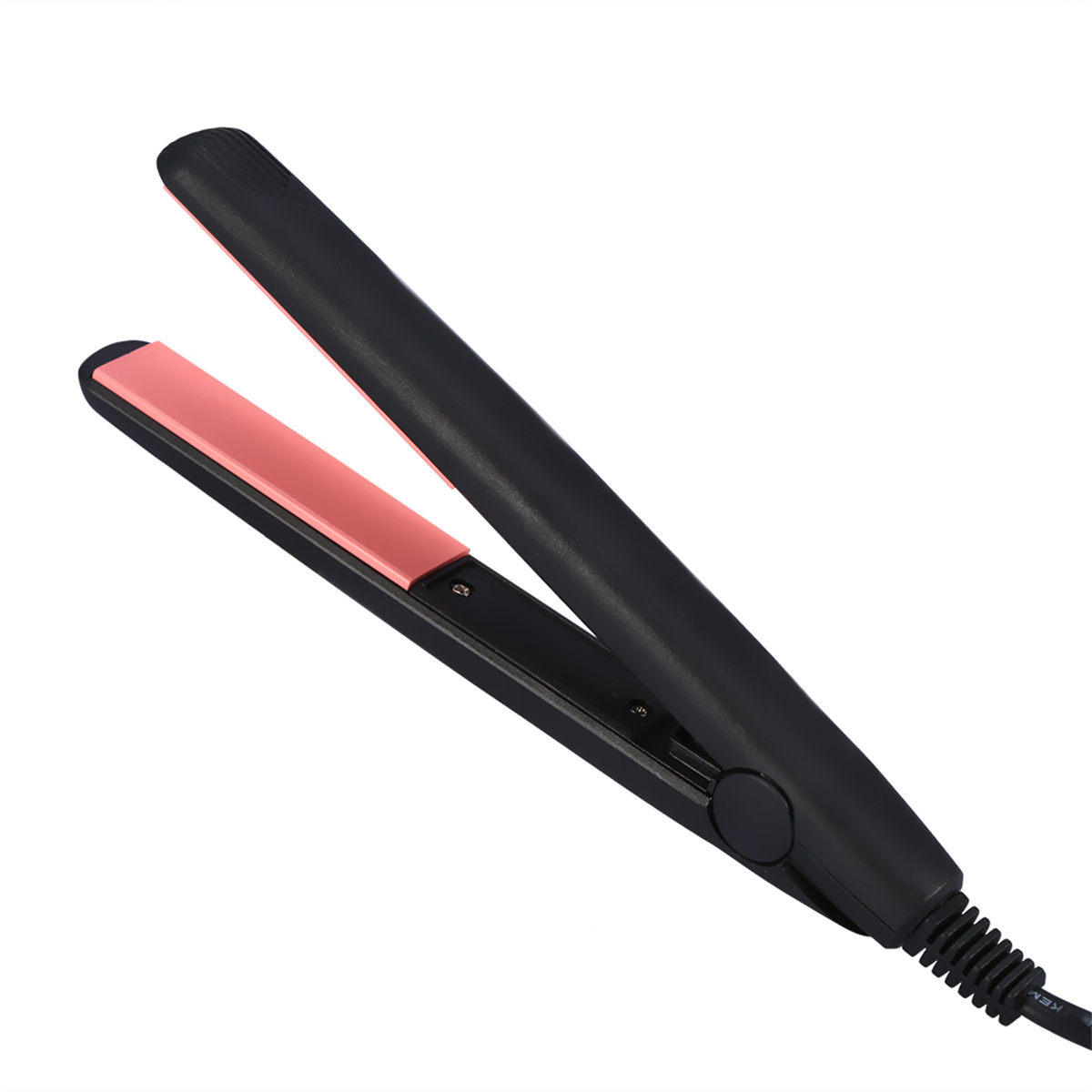 Schwarzer Haarglätter mit rosa Platten. Das Gerät ist geöffnet und einsatzbereit.
