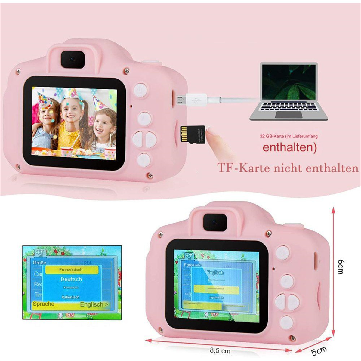 Rosa Digitalkamera mit Bildschirm, der Kinderfotos zeigt. Benutzeroberflächenoptionen und Maßangaben werden angezeigt.