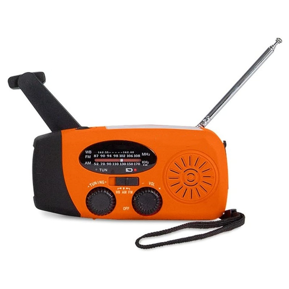 Orangefarbenes und schwarzes Handkurbelradio mit einem Einstellrad und Antenne, schwarzer Riemen.