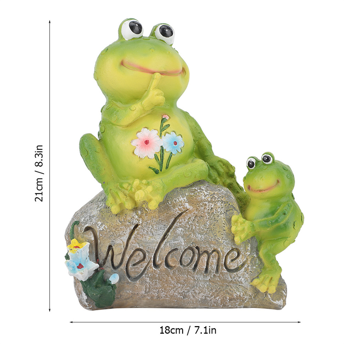 Zwei grüne Froschfiguren auf einem Felsen mit dem Wort 'Welcome'. Ein Frosch hält eine Blume.