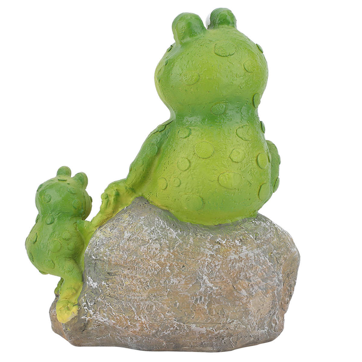 Grüne Froschstatuen, eine groß, eine klein, auf einem Steinsockel.