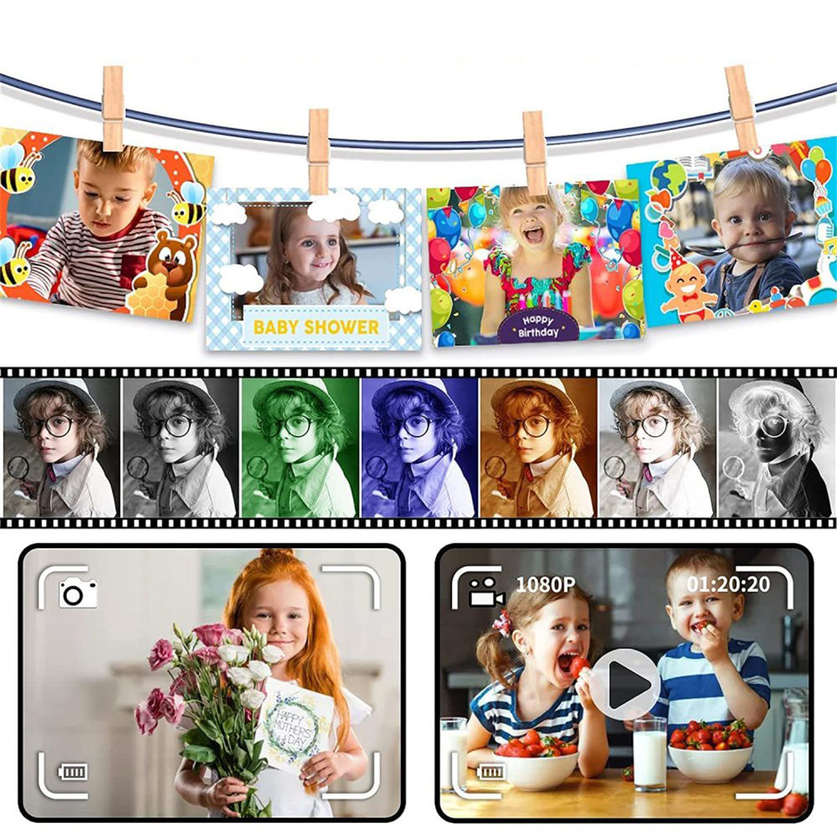 Eine Collage von Fotos. Enthält Babyparty, Happy Birthday und Porträts. Enthält auch einen Videoaufnahmescreen.