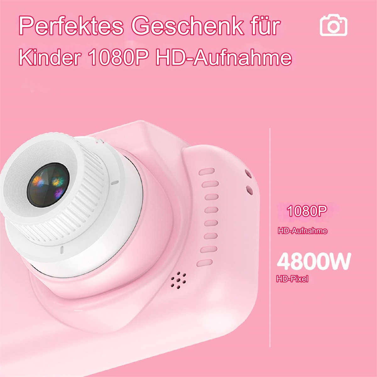 Eine rosa Spielzeugkamera mit Objektiv und Knöpfen vor rosa Hintergrund, mit Text über HD-Aufnahme.