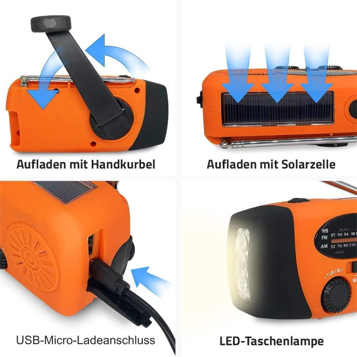 Oranges Radio mit Handkurbel, Solarpanel, USB-Anschluss und LED-Taschenlampe.