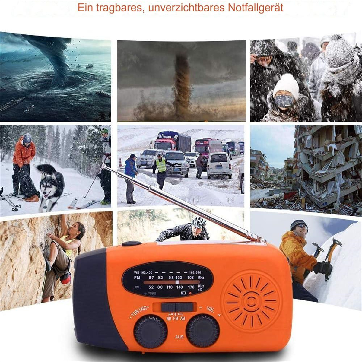 Collage von Notsituationen, einschließlich eines Radios.