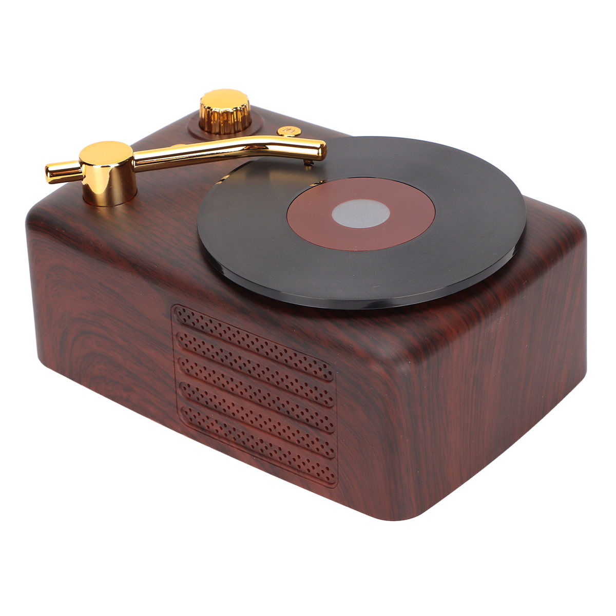 Ein Musikplayer in Holzoptik mit Schallplatte und goldenem Arm, auf weißem Grund.