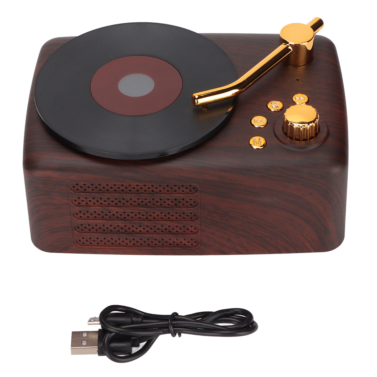 Plattenspieler im Holz-Retro-Stil mit goldenen Akzenten und einer schwarzen Vinyl-Schallplatte.