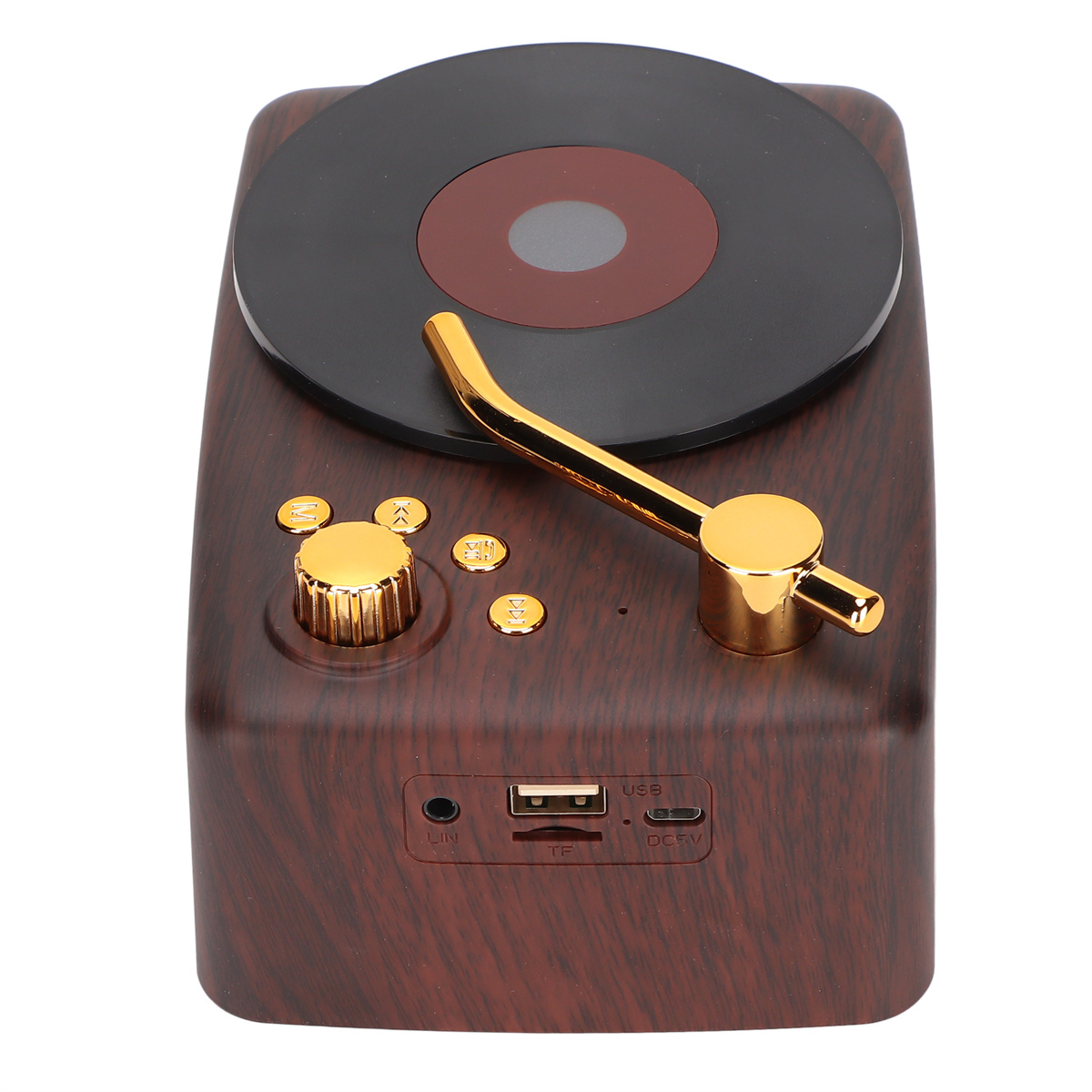 Ein Lautsprecher im Retro-Stil in Form eines Plattenspielers. Er ist braun mit goldenen Akzenten. Oben ist eine schwarze Schallplatte.