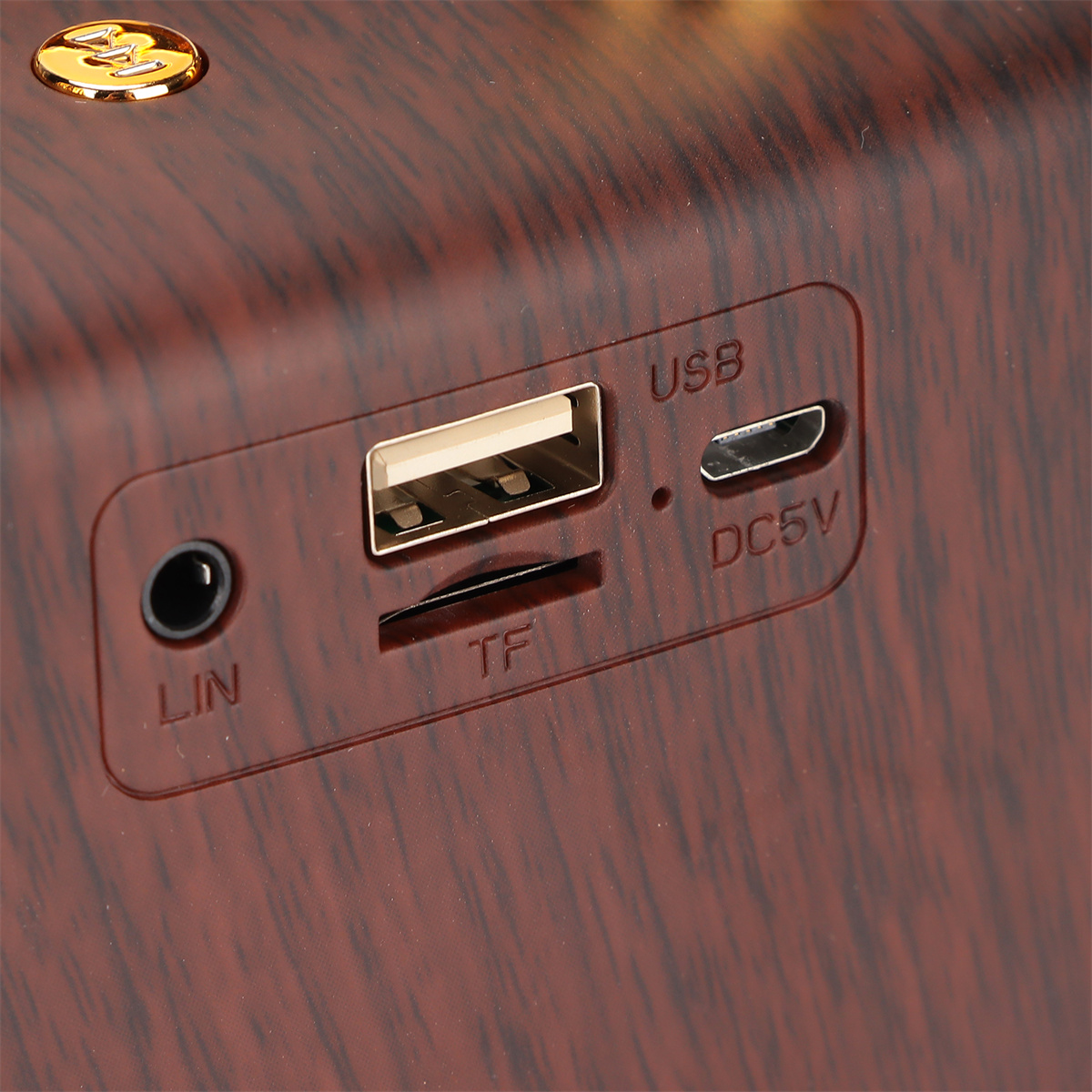 Lautsprecher in Holzoptik mit USB-, TF-, DC5V- und LIN-Anschlüssen. Oben befindet sich ein goldenes Logo.