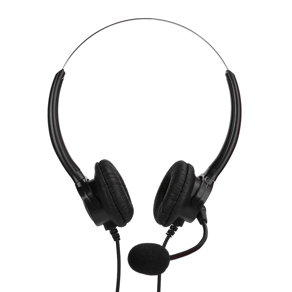 Schwarzes Headset mit Ohrmuscheln und Mikrofon auf weißem Hintergrund.