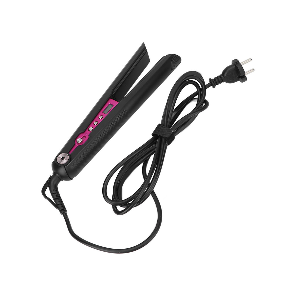 Schwarzes Glätteisen mit pinken Details und einem schwarzen Kabel. Weißer Hintergrund.