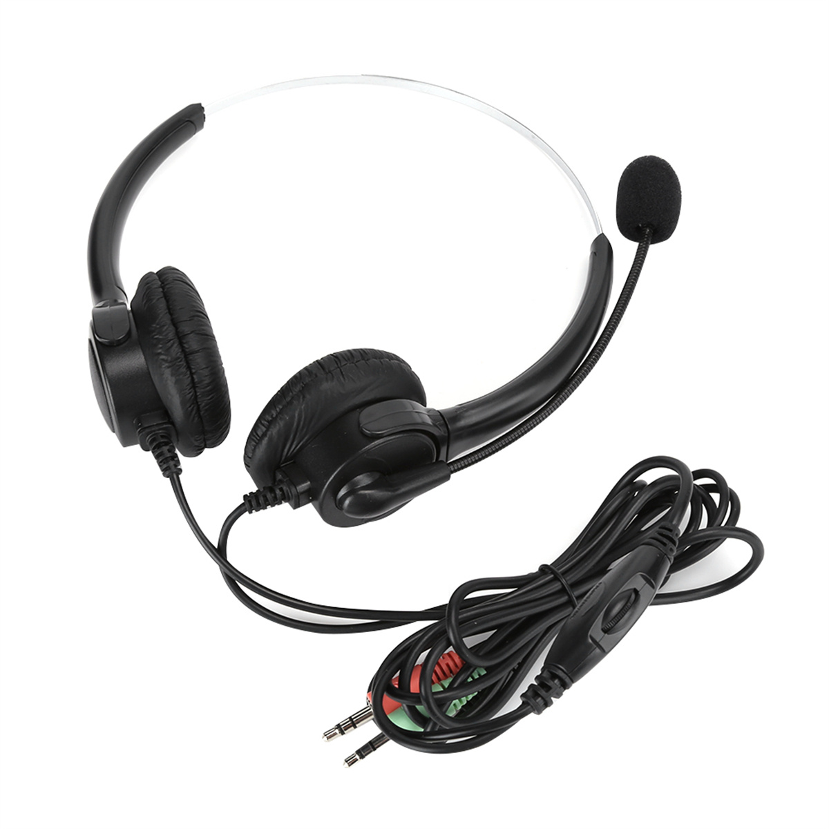 Schwarzes Headset mit Mikrofon und zwei Ohrmuscheln. Das Kabel hat eine Lautstärkeregelung.