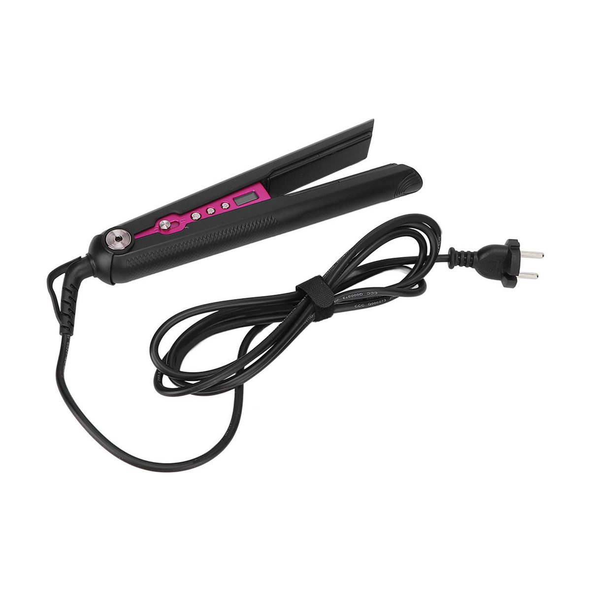 Ein schwarzer Haarglätter mit einer rosa Digitalanzeige und einem schwarzen Netzkabel mit Stecker.