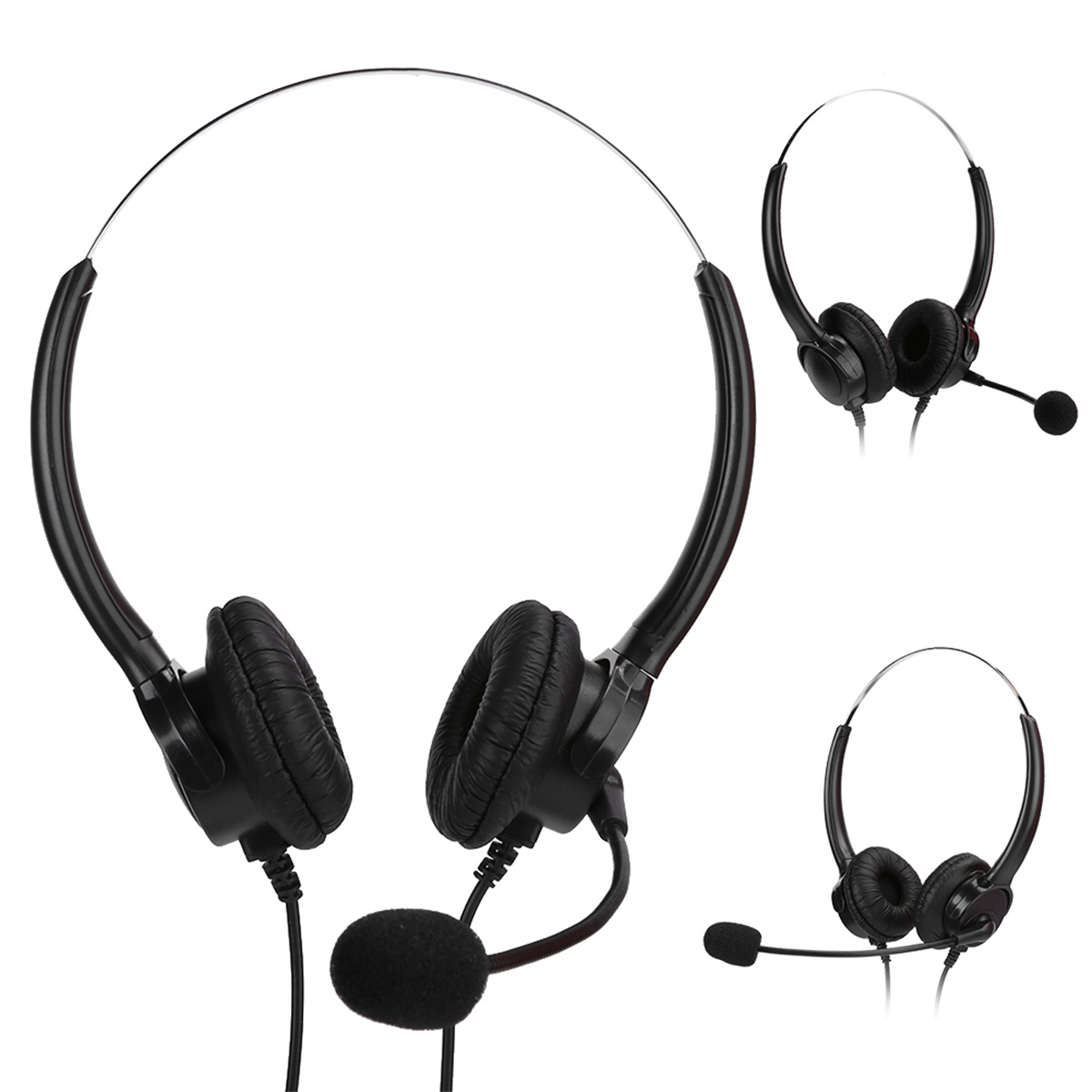 Drei schwarze Headsets mit Mikrofonen, unterschiedliche Perspektiven.