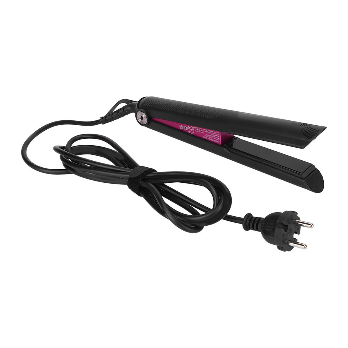 Schwarzer Haarglätter mit schwarzem Netzkabel und Stecker.