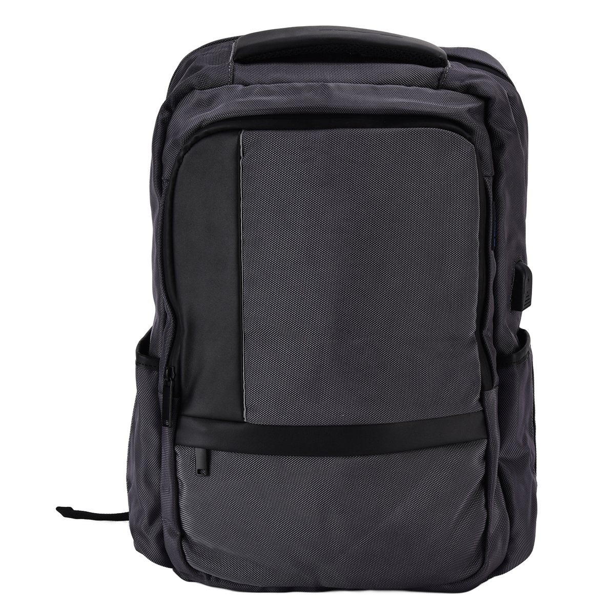 Grauer Rucksack mit schwarzen Akzenten. Er hat einen Griff und Taschen.