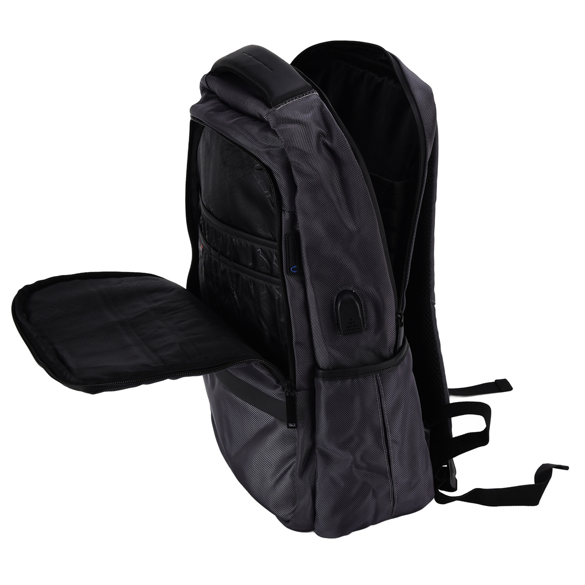 Schwarzer Rucksack mit mehreren Fächern, einschließlich einer Seitentasche und USB-Anschluss.
