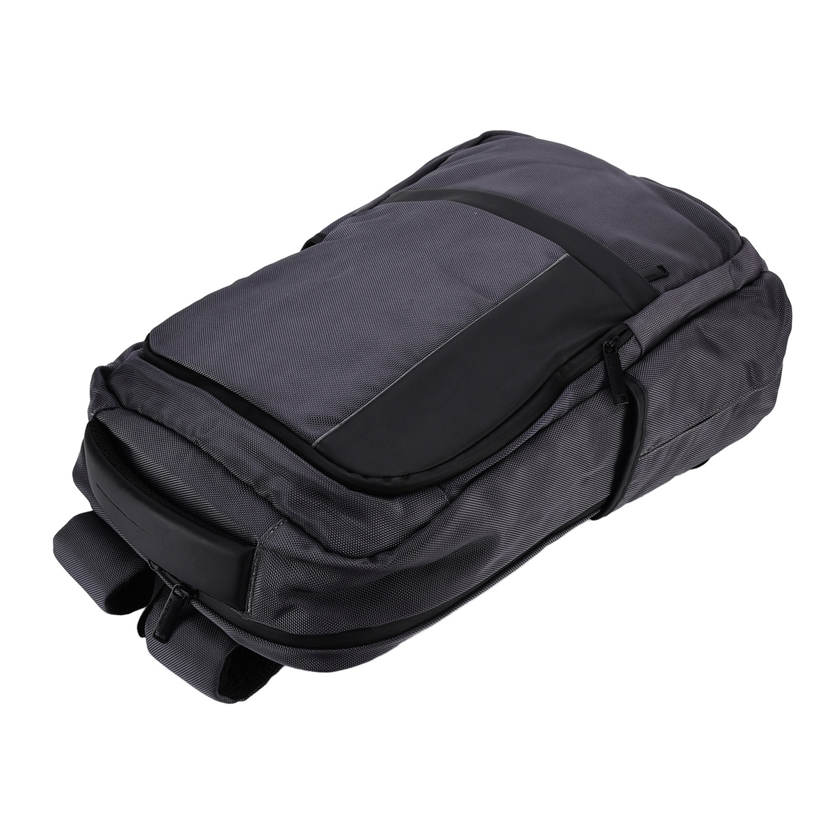 Ein grauer Rucksack mit schwarzen Akzenten, von oben gesehen, mit einem Griff oben.